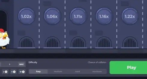 Chicken Road Screenshot 1 - Startbildschirm mit Schwierigkeit Easy und Multiplikatorleiter