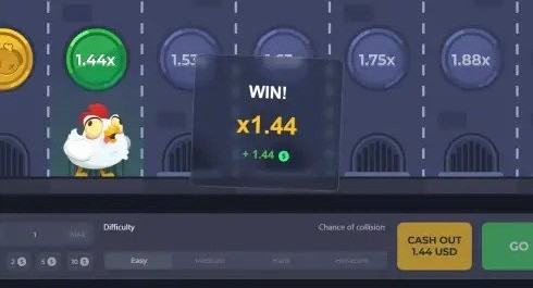 Chicken Road Screenshot 2 - Gewinnanzeige nach erfolgreichem Cash-out bei x1,44